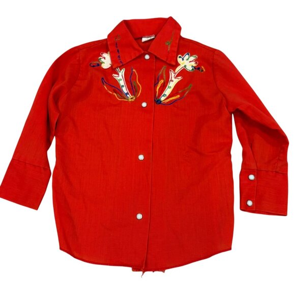 Vintage 1970s Sears Girls Red Western Shirt Skirt Set Floral Embroidery 4T - Picture 4 of 12